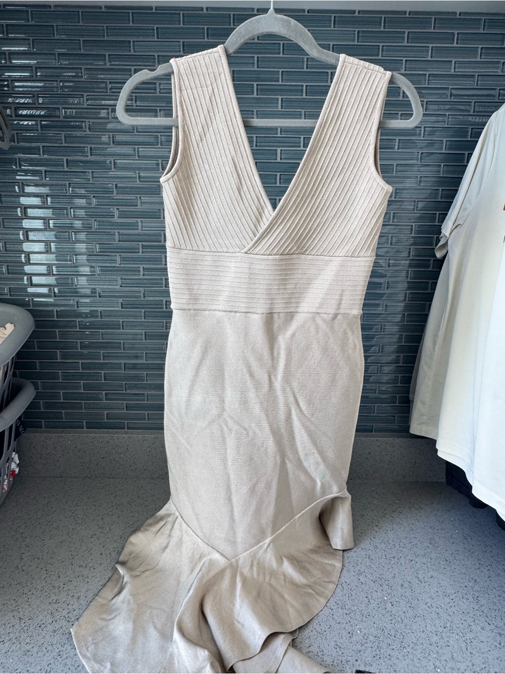 Marciano Ribbed V-Neck Cream Maxi Dress